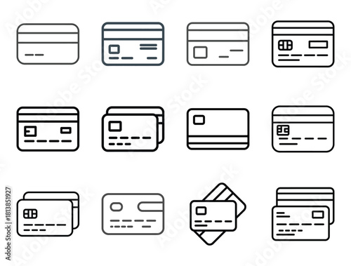 Credit and debit card line icons for online payment and banking.