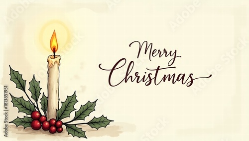 Candle with holly and berries for Christmas celebration  