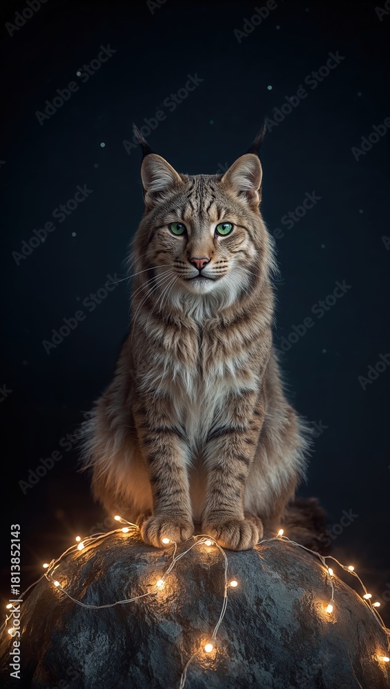 Obraz premium Majestic lynx with green eyes sitting on rock wrapped in warm string lights against starry night background
