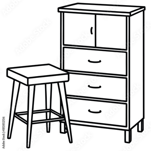 Modern Flat Vector of a Dresser with Stool, depicting a vanity or dressing table set.