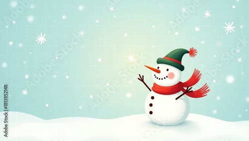 Cheerful snowman waving in winter snowfall on blue background  