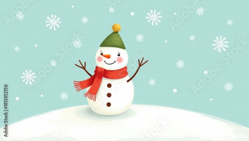 Cheerful snowman waving in winter with falling snowflakes  
