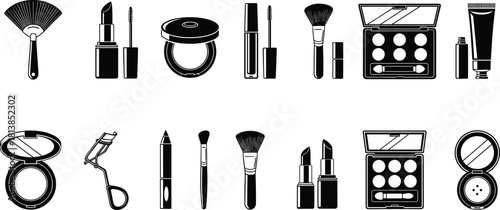 Makeup tool icon set, black white vector, lipstick brush palette, compact mirror eyeliner, cosmetic accessories, beauty kit, fashion design