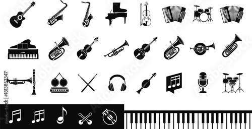 Music icon set, musical instruments, black white vector, guitar piano drum, microphone saxophone, music notes, sound design, audio symbols