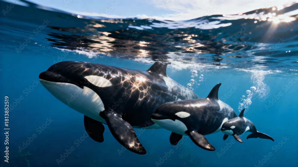Obraz premium Orca family swimming together in clear blue ocean water 