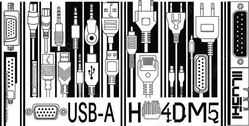 Explore a collection of various connector types arranged in an artistic pattern technical style