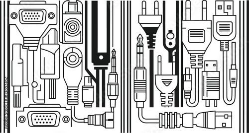Technical drawing showcasing an arrangement of electrical connectors and plugs for electronics repair