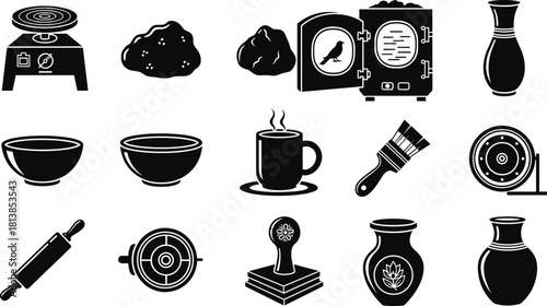 Pottery icon set, ceramic tools, clay objects, kiln illustration, vase design, black white vector, handmade craft, pottery symbols
