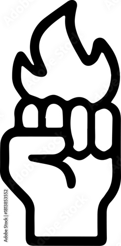 Raised fist holding a flame symbolizes resistance and solidarity in a minimalistic style, representing a powerful message of defiance and hope.