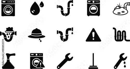Plumbing icon set, black white vector, washing machine pipe leak, water drop wrench mop, warning symbol, household repair tools