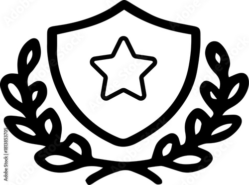 Shield with star symbol surrounded by laurel branches represents achievement and recognition in a minimalist style, conveying prestige and honor.