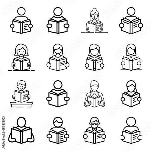 Outline icons of diverse people reading books, learning and study