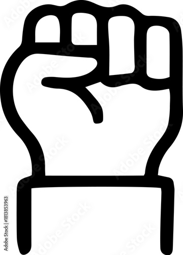 Raised fist symbolizing resistance and solidarity against injustice on a white canvas, representing strength and empowerment.