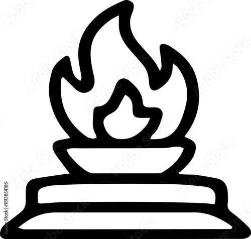 Burning flame rises from simple bowl on altar, casting warm glow in darkness, representing spirituality and hope during solemn ritual.