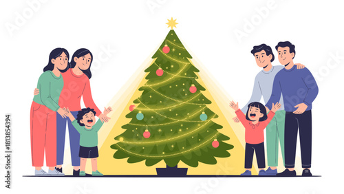 Festive Cheer: Two families gather around a vibrantly decorated Christmas tree, a beacon of light in the celebration of togetherness and festive spirit.