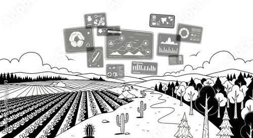Modern Technology and Data Analytics Over a Rural Farm Landscape.