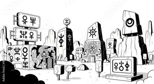 Mysterious Stone Structures in a Surreal Landscape.