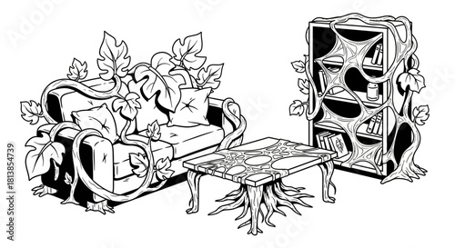 Nature-Inspired Furniture Set - Sofa, Table, and Bookshelf.