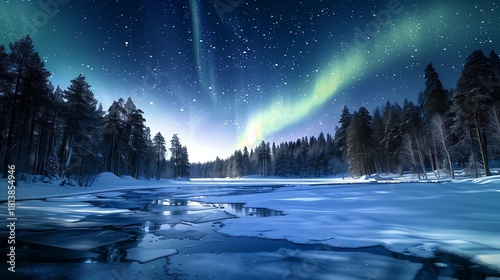 Winter landscape aurora borealis over frozen river