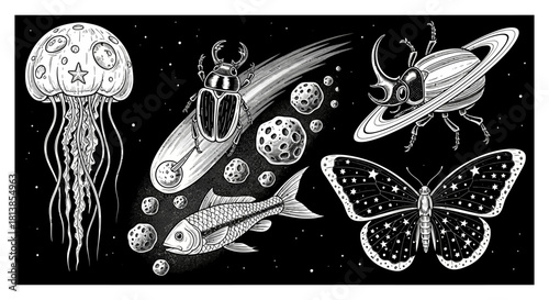 Surreal Cosmic Animals and Insects in Space Illustration Set.