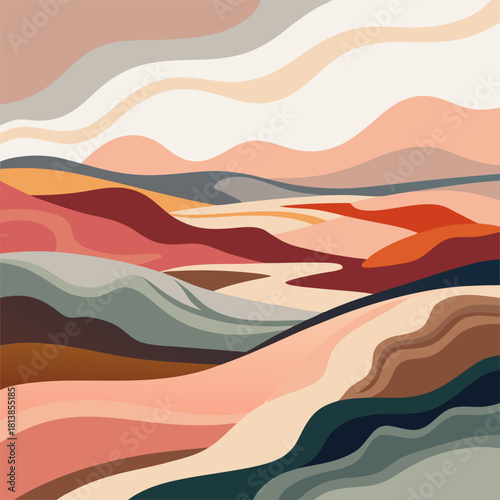Artistic wavy hills and valleys in pastel tones for contemporary abstract landscape.