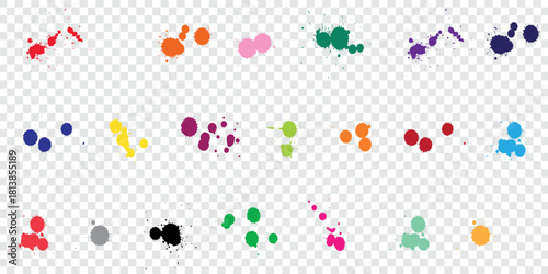 Color paint splatter.Spray paint blot element.Colorful ink stains mess.Colorful paint splatters.Watercolor spots in raw and paint splashes collection,Color ink splashes. Grunge splatters.