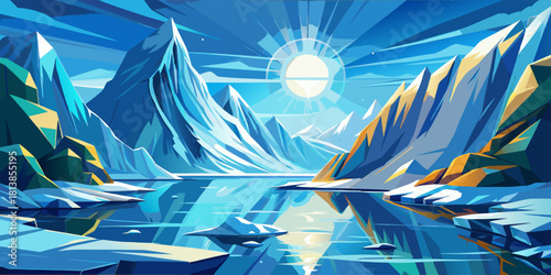 Frozen landscape with ice mountains under the bright sun.