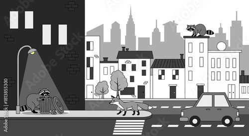 Urban wildlife scene with animals and city buildings.