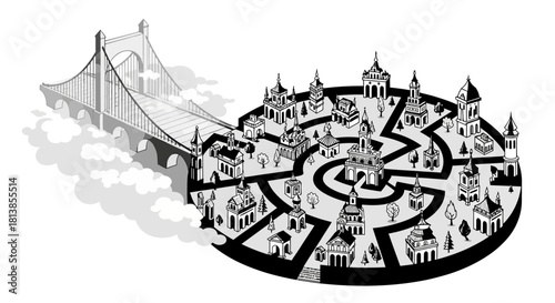 Architectural Cityscape with Bridge and Circular Design.