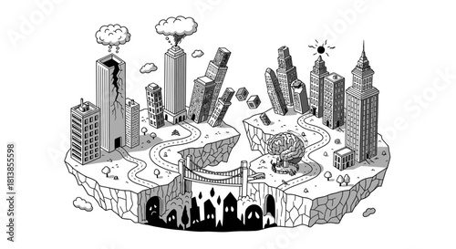 Apocalyptic Cityscape - A Black and White Illustration of Destruction.