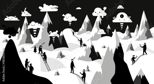 Cartoon Landscape with People and UFOs in Black and White.
