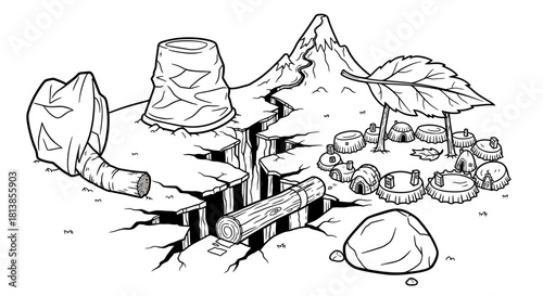 Detailed illustration of a natural landscape with various elements.