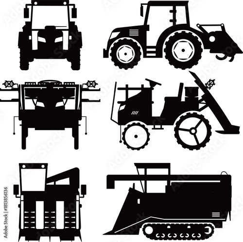 正面、横から見たトラクター、田植え機、コンバイン（農業機械）の白黒シルエット