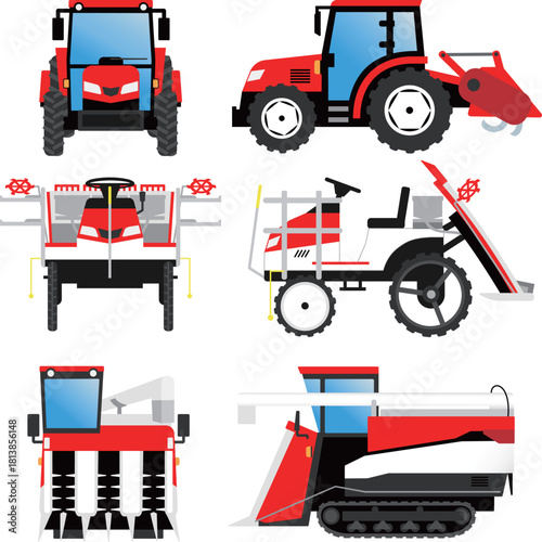 正面、横から見たトラクター、田植え機、コンバイン（農業機械）