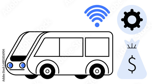 Bus with wireless signal, gear for system development, and money bag symbolizing cost management. Ideal for public transportation, smart cities, mobility, budgeting, connectivity, urban planning