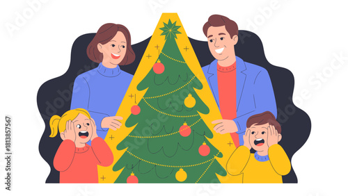 Festive Family Gathering: A joyful family gathers around a Christmas tree. Sharing the excitement and delight of the holiday season. Celebrating the traditions and the warmth of the Christmas holiday.