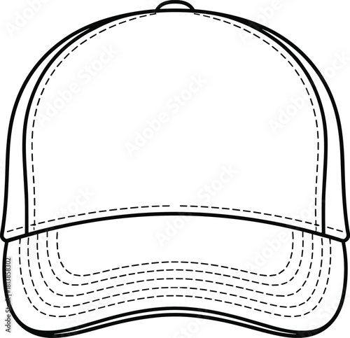 Baseball cap technical fashion sketch, detailed stitching design, apparel template, sportswear accessory blueprint, cad drawing flat vector illustration, front view