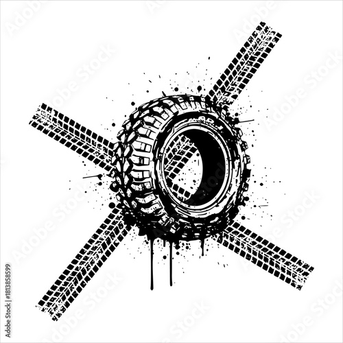 Illustration of an offroad tyre with sharp details, complete with tread patterns and grunge-style ink splash effects. Suitable for extreme automotive, offroad, adventure, and wild motorsport graphics.