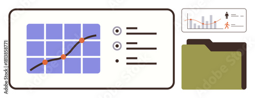 Analytics dashboard with graph, bullet points, chart symbols, and document folder. Ideal for data analysis, report tracking, business planning, record management, visualization tools research