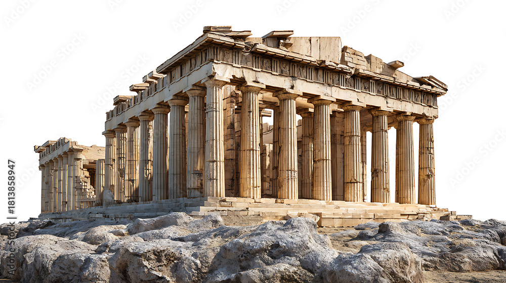 Obraz premium Ancient Greek temple with weathered stone columns and rocky foundation parthenon