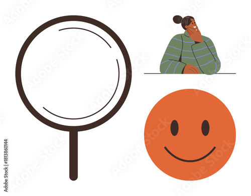 Woman in reflective pose beside magnifying glass and orange smiling face. Ideal for problem-solving, introspection, analysis, positivity, emotional health, self-discovery, simple flat metaphor
