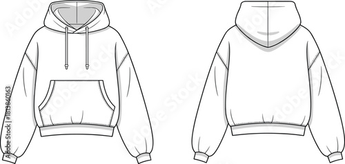 “Detailed cropped hoodie fashion flat sketch showing front and back views, technical garment drawing for apparel designers and clothing manufacturers, illustration