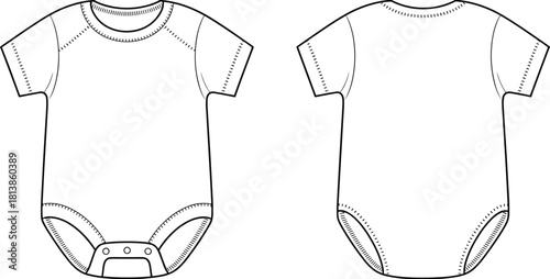 Baby onesie front and back template, infant bodysuit technical sketch for apparel design, cad drawing flat vector illustration clothing mockup