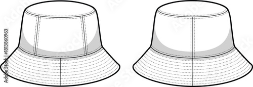 Bucket hat technical fashion flat sketch with detailed stitching, classic brim design, front and back view apparel template, cad drawing flat vector illustration