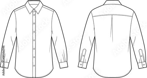 Button-up shirt fashion sketch, technical flat vector, garment design template, clothing construction drawing, CAD illustration front and back views