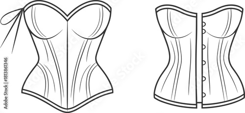 Corset technical fashion sketch, two front views, sweetheart neckline, button closure, seam detail, cad drawing flat vector illustration