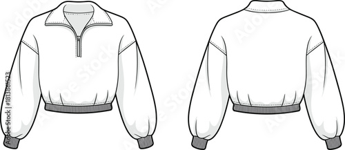 Cropped half zip pullover sweatshirt CAD drawing, technical flat vector fashion illustration showing front and back garment design details