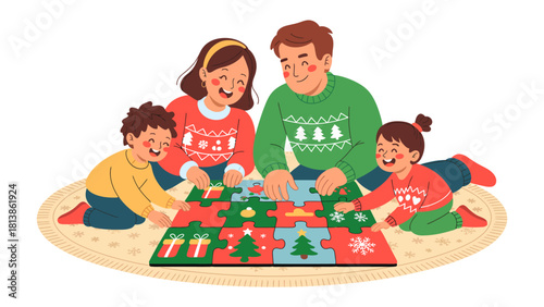 Cozy Family Puzzle Time: A warm depiction of a family united in a shared activity. As they complete the jigsaw, the cozy scene fills with laughter and a strong sense of togetherness.