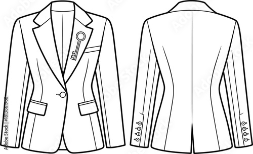 Elegant tailored women’s blazer fashion flat sketch, detailed front and back technical drawing, professional apparel CAD template for design presentation – cad drawing flat vector illustration
