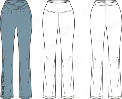 Fashion jogger pants technical flat sketch, detailed front and back view vector, apparel design template for sportswear and casual wear illustration